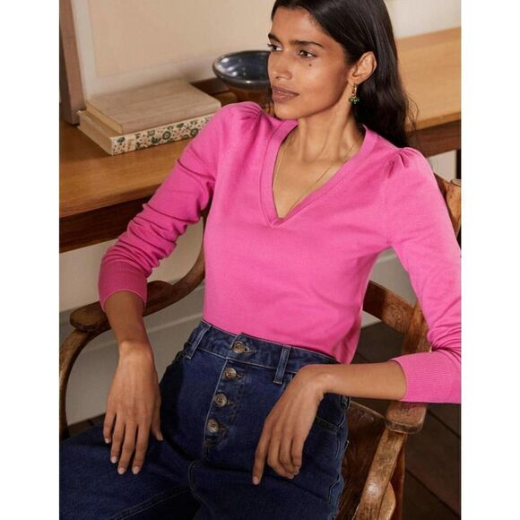 BODEN Cotton V-neck Jumper XS Highland Long Sleeve Knitwear Candy Pink - Picture 2 of 10